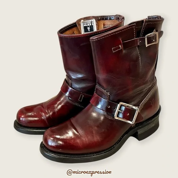 $389 Veronica Short Engineer Lug Sole Belted Red Oxblood Leather Moto Ankle Boot - Picture 9 of 13